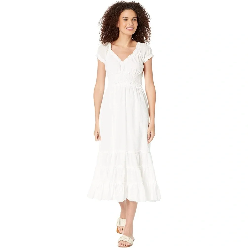 NWT Betsey Johnson Cotton Clip Dot Smocked Puff Sleeve Optic White Midi Dress